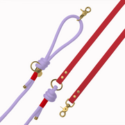 Laisse mains libres corde lilas et biothane rouge