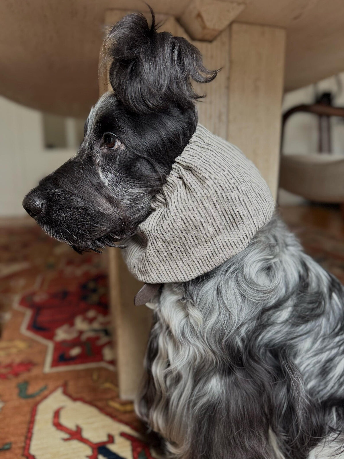 Snood beige à rayures bleues en lin